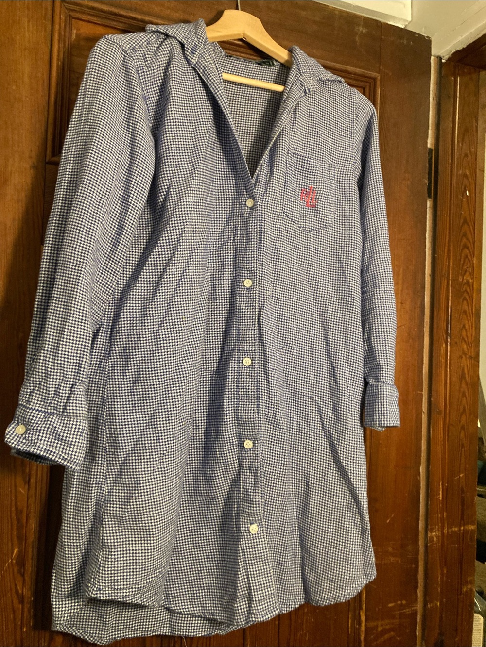 Vintage Ralph Lauren Blue Houndstooth Flannel Button-Down Pajama Nightgown Shirt